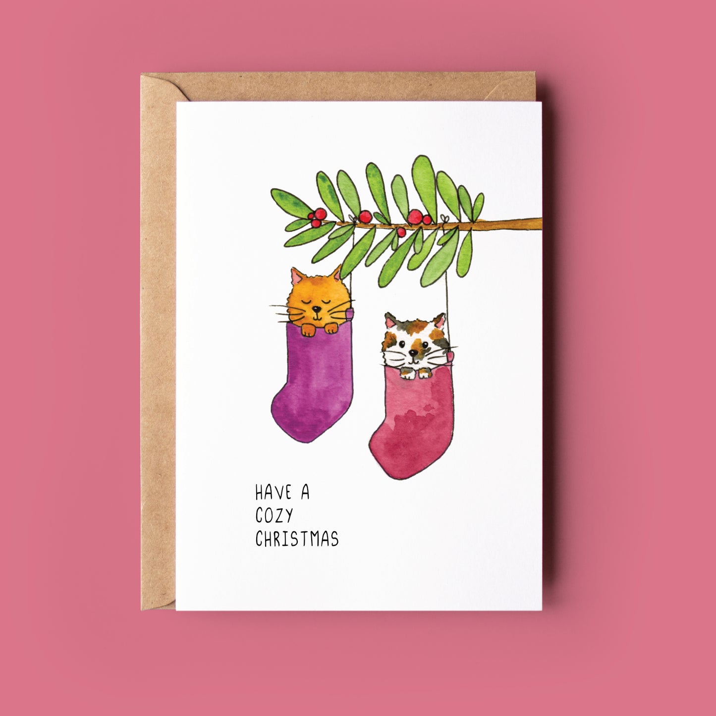 Kerstkaartje kerstsok poesjes