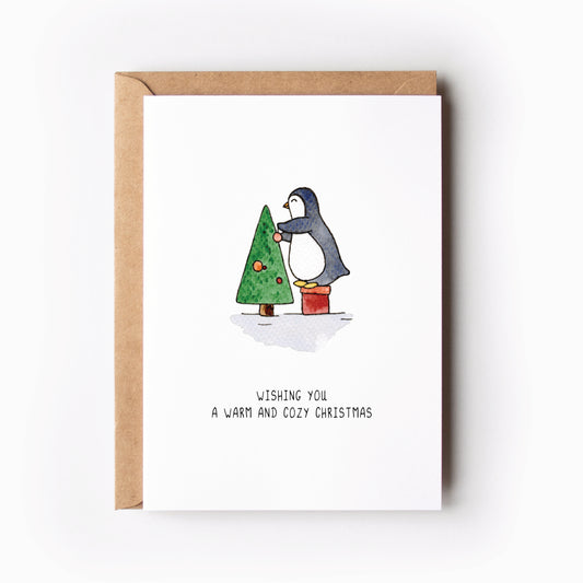 Kerstkaart pinguin kerstboom